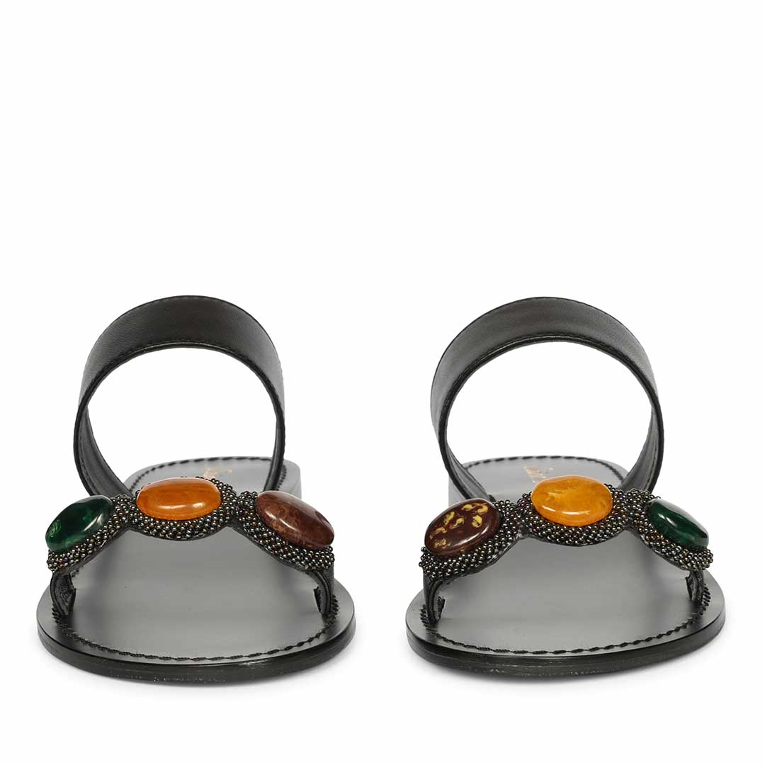 Saint Eva Multi Stone Adorned Black Leather Flats - Image 4