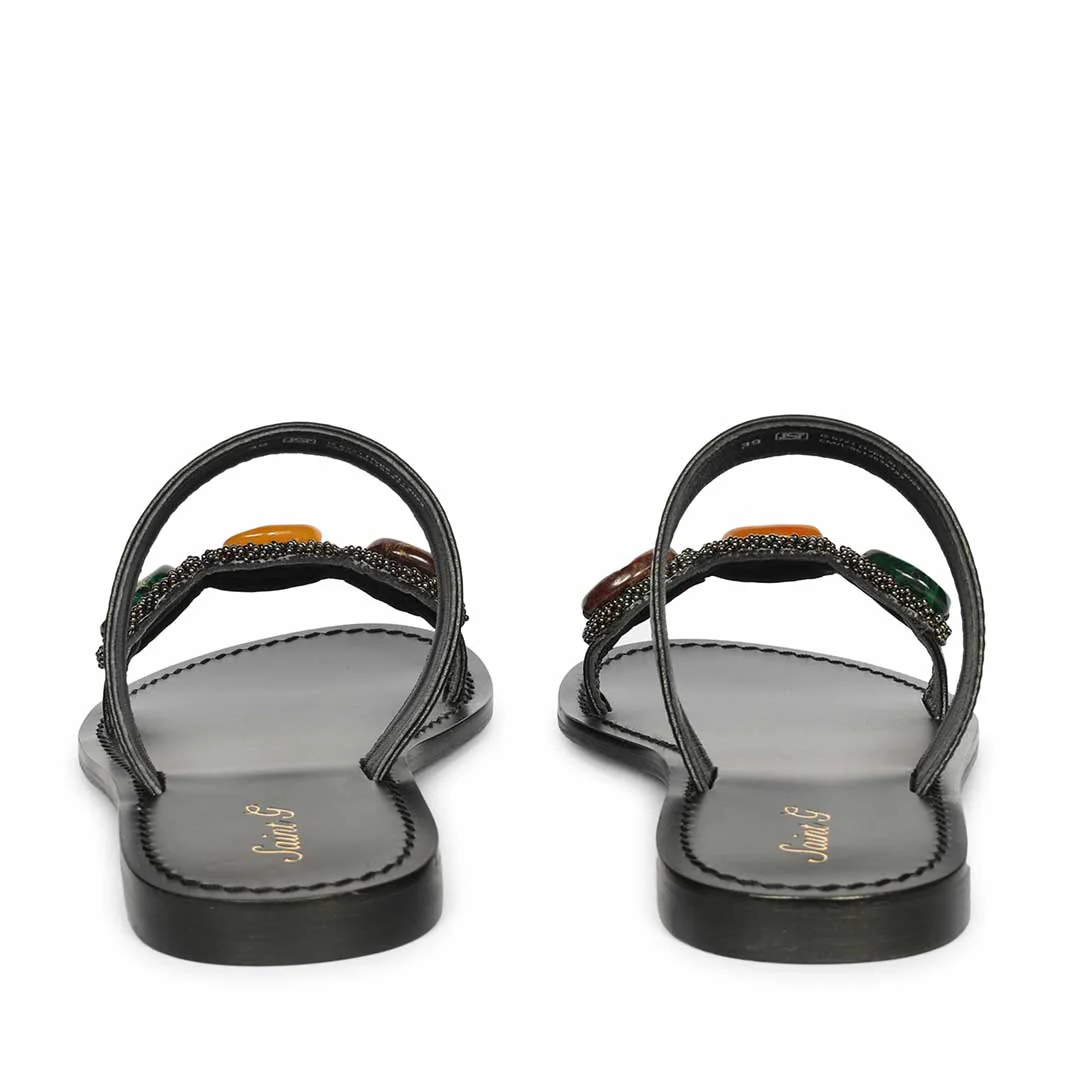 Saint Eva Multi Stone Adorned Black Leather Flats - Image 5