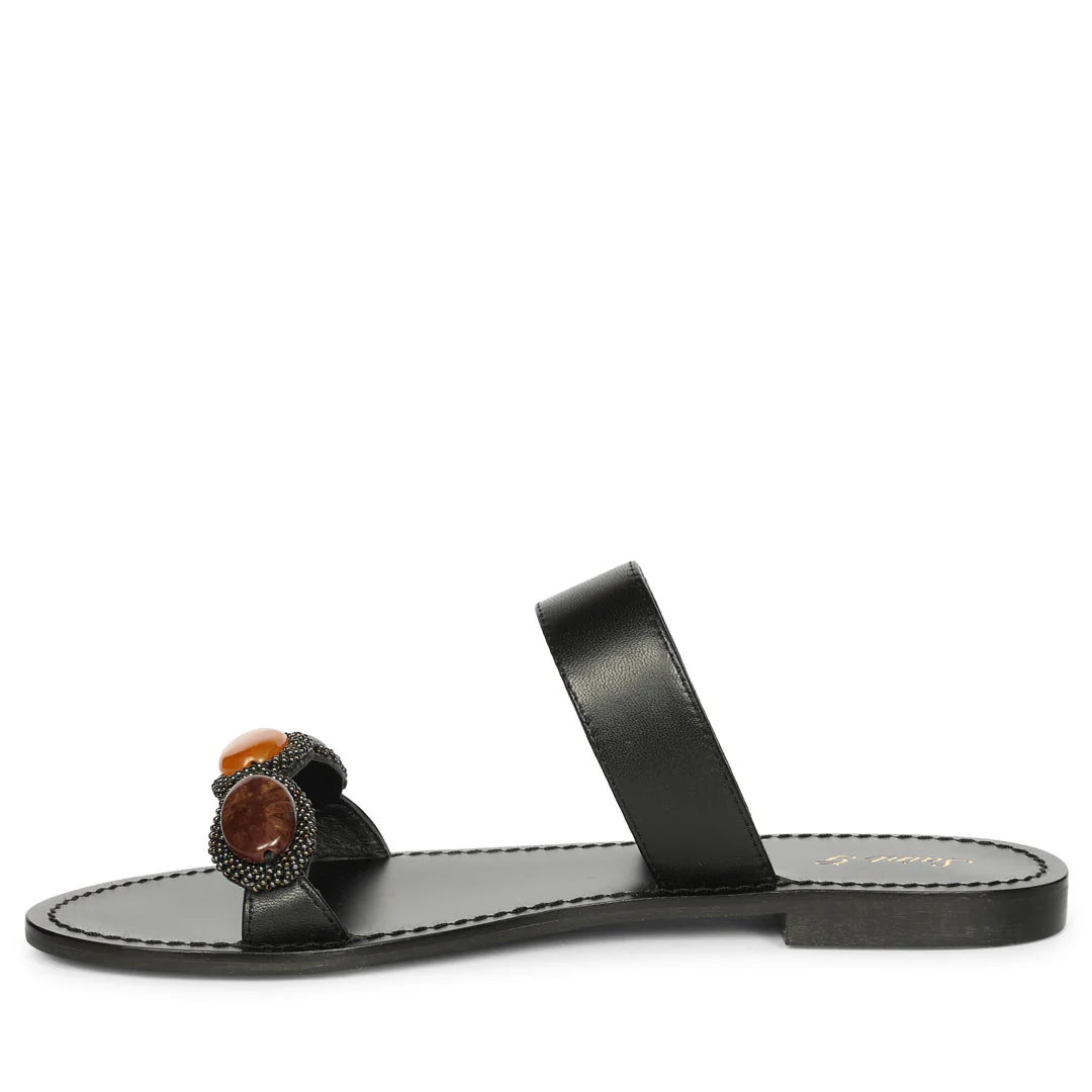 Saint Eva Multi Stone Adorned Black Leather Flats - Image 6