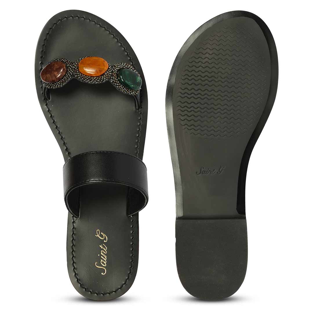 Saint Eva Multi Stone Adorned Black Leather Flats - Image 7