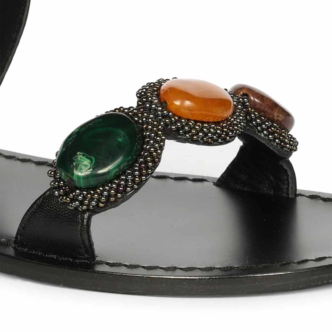 Saint Eva Multi Stone Adorned Black Leather Flats - Image 8
