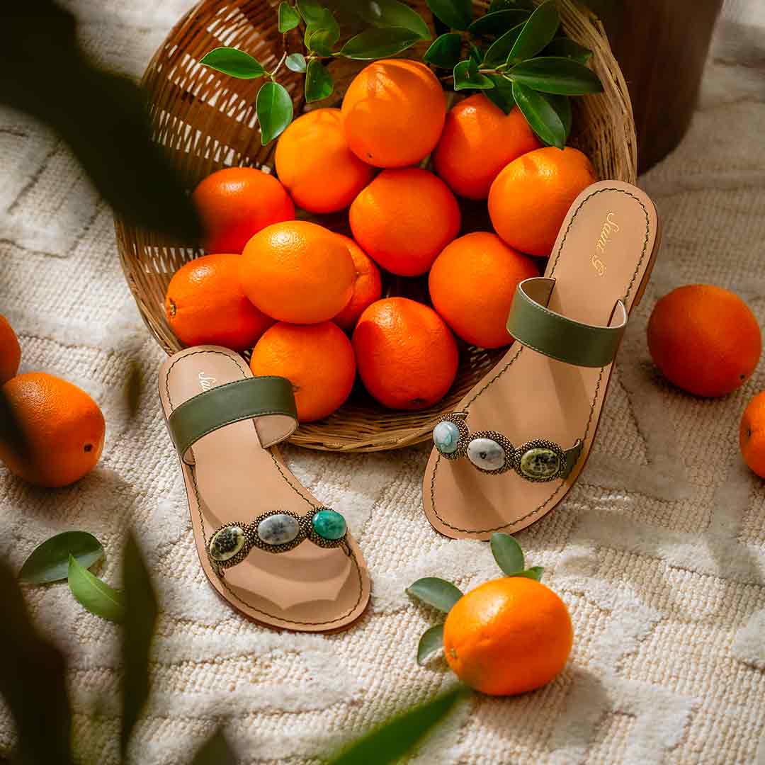 Saint Eva Multi Stone Adorned Olive Leather Flats - Image 2