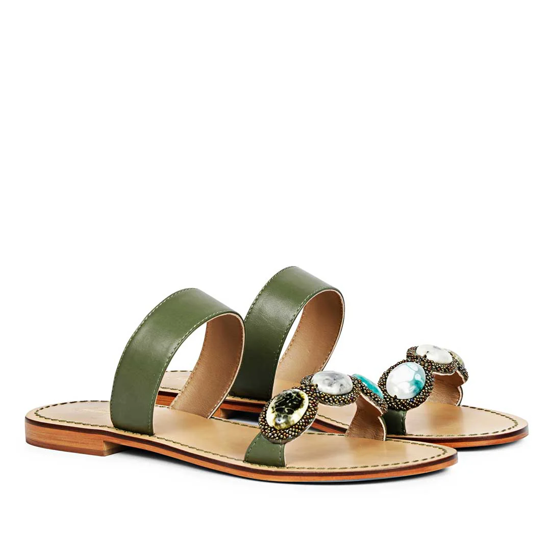 Saint Eva Multi Stone Adorned Olive Leather Flats - Image 3