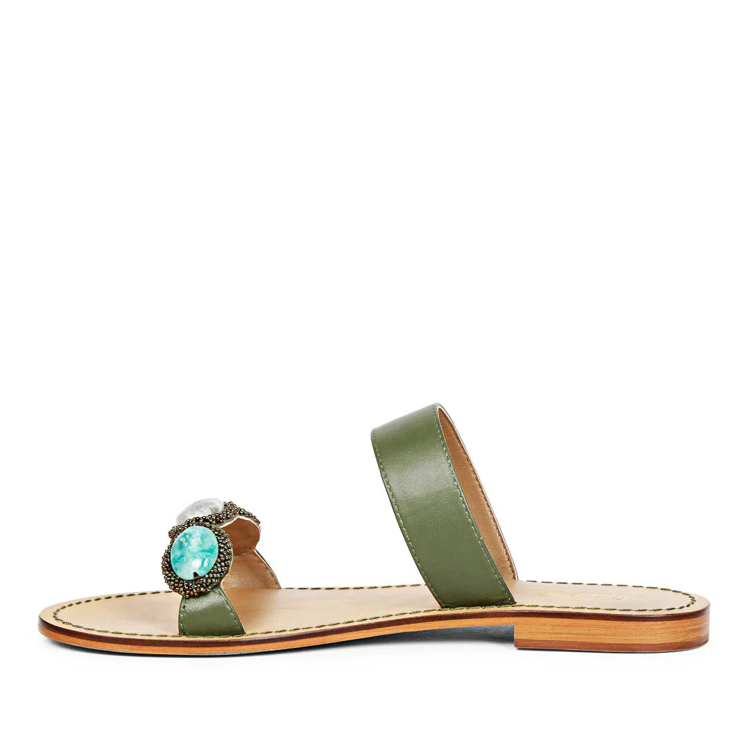 Saint Eva Multi Stone Adorned Olive Leather Flats - Image 4