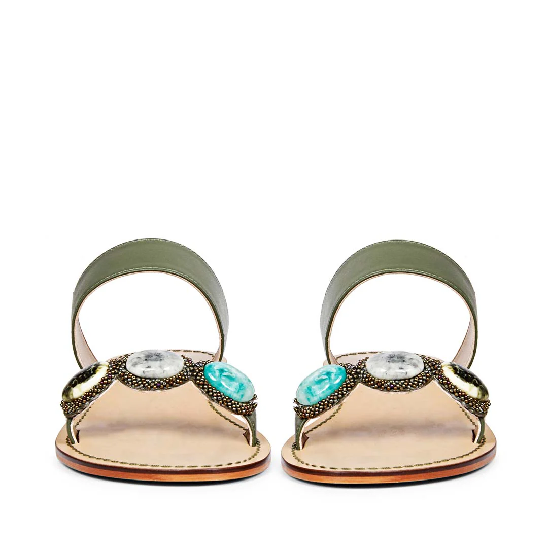 Saint Eva Multi Stone Adorned Olive Leather Flats - Image 5