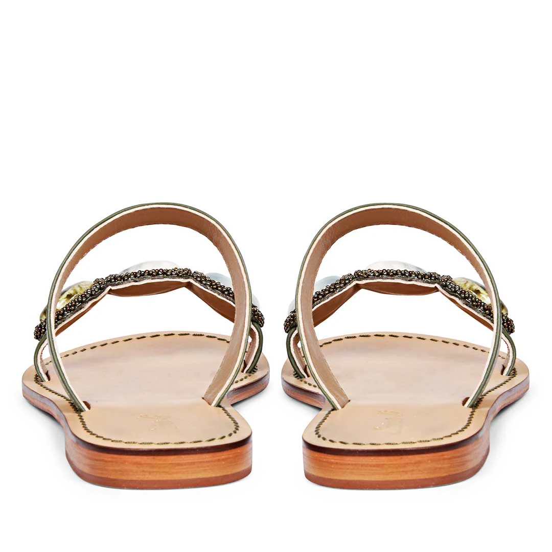 Saint Eva Multi Stone Adorned Olive Leather Flats - Image 6