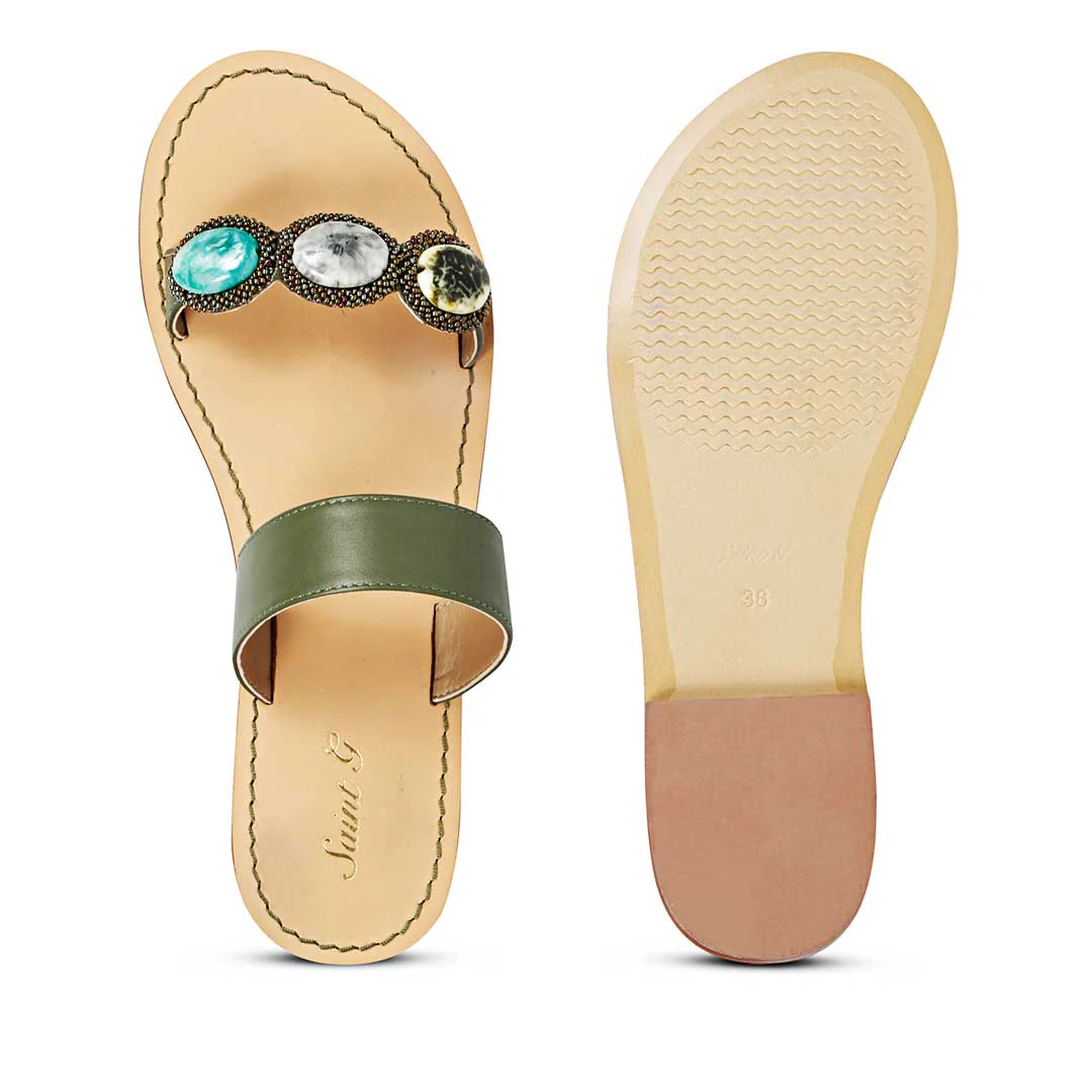 Saint Eva Multi Stone Adorned Olive Leather Flats - Image 7