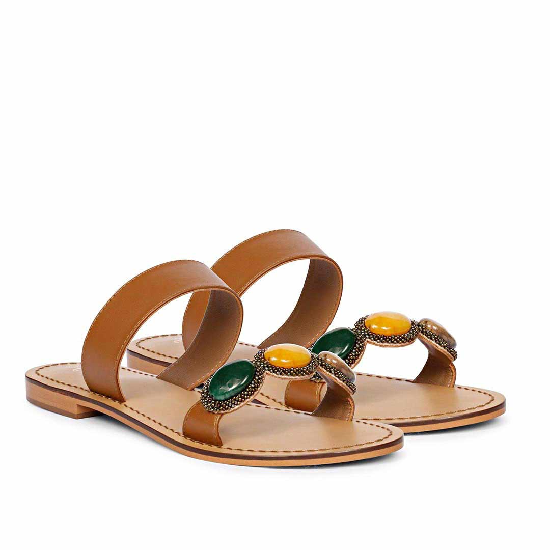 Saint Eva Multi Stone Adorned Tan Leather Flats - Image 3