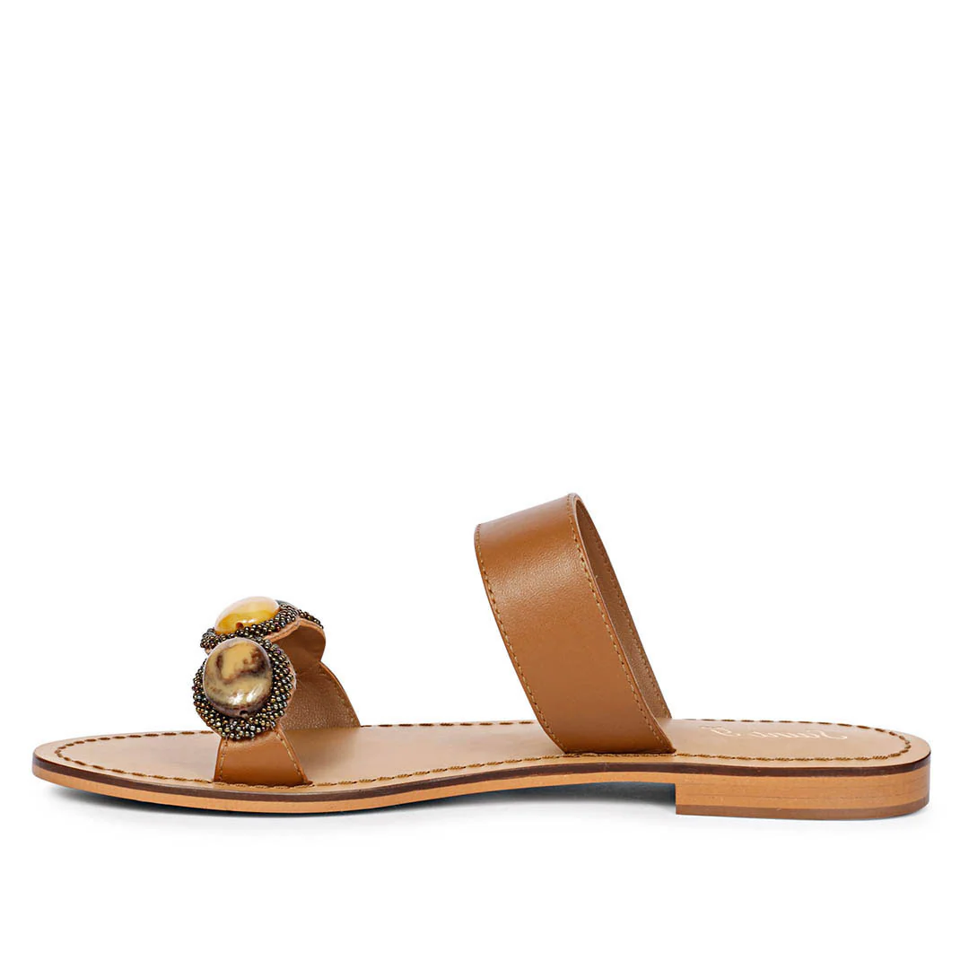 Saint Eva Multi Stone Adorned Tan Leather Flats - Image 4