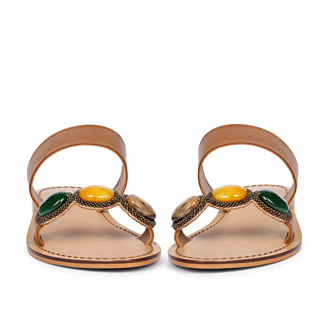 Saint Eva Multi Stone Adorned Tan Leather Flats - Image 5
