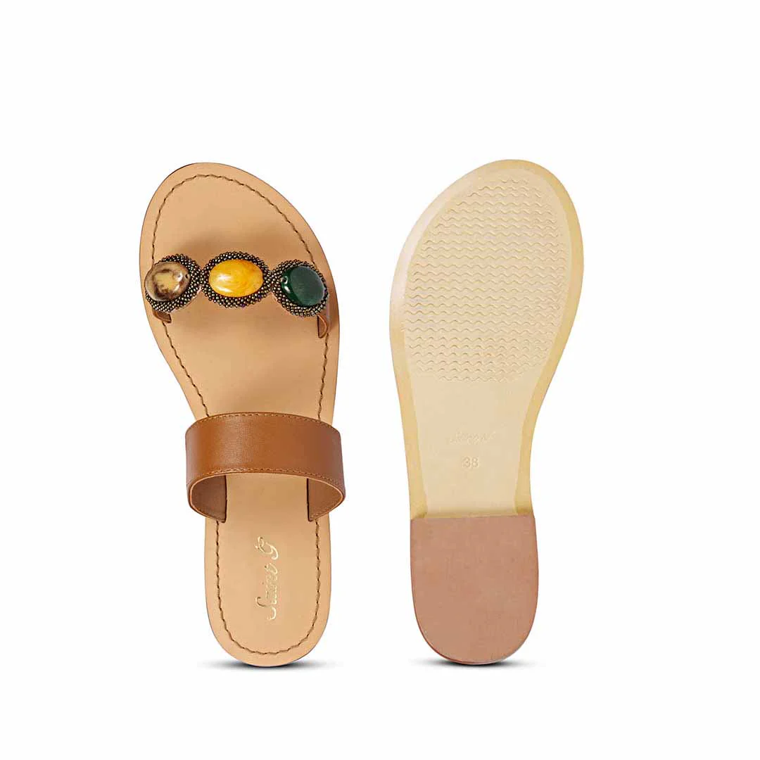 Saint Eva Multi Stone Adorned Tan Leather Flats - Image 7