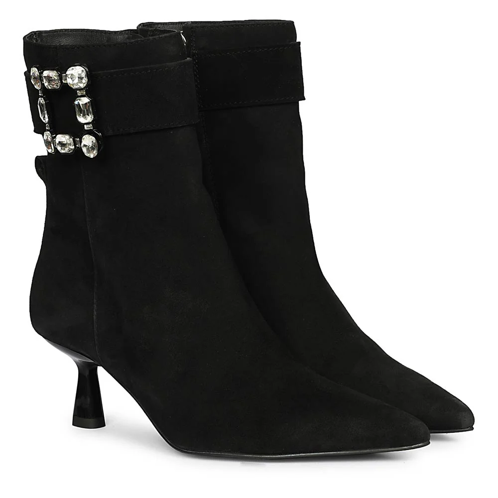 Saint Everly Crystal Buckle Black Suede Leather Ankle Boots - Image 3