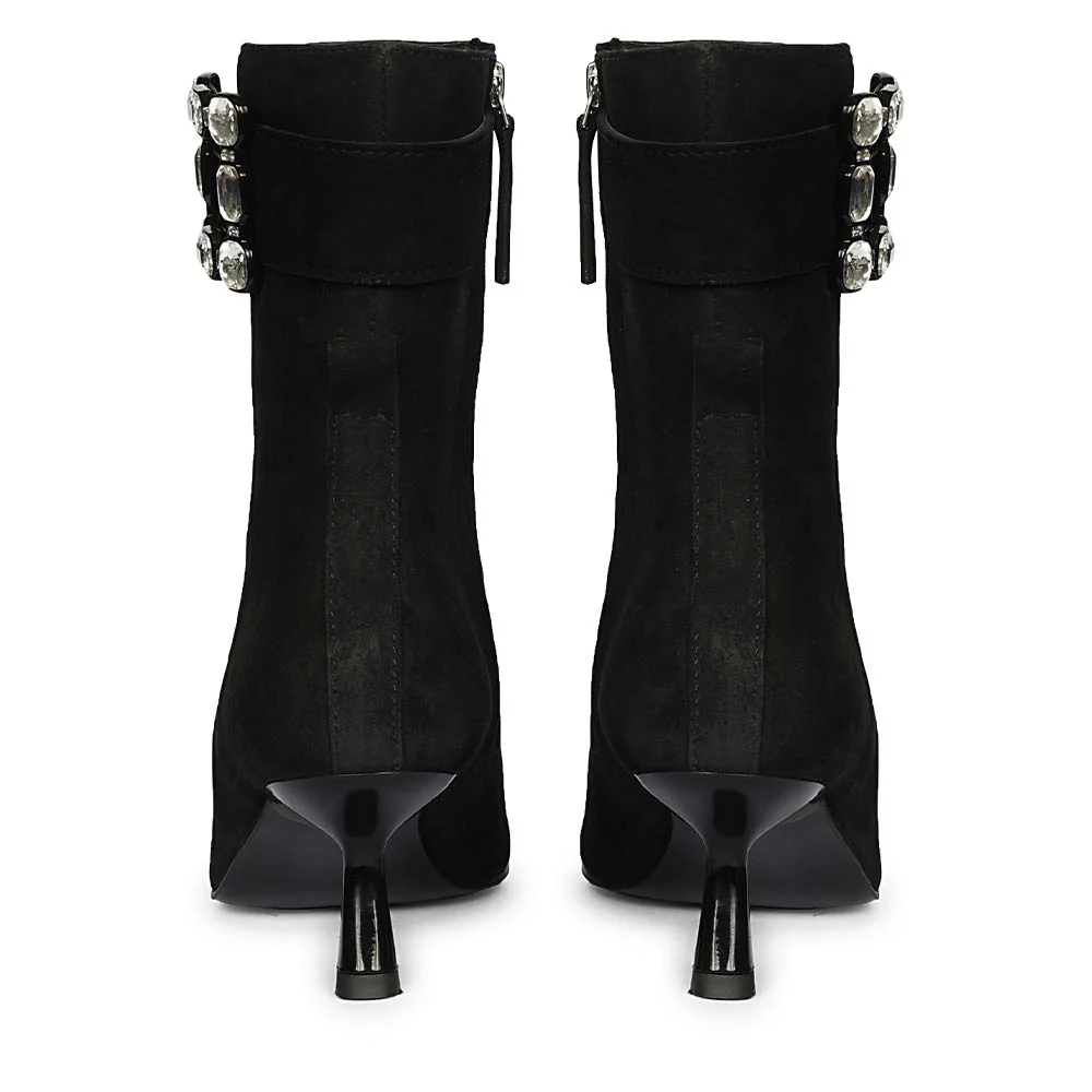 Saint Everly Crystal Buckle Black Suede Leather Ankle Boots - Image 6