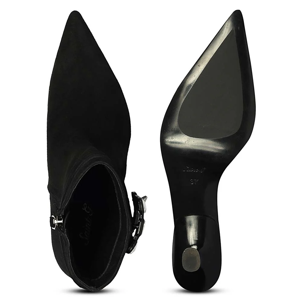 Saint Everly Crystal Buckle Black Suede Leather Ankle Boots - Image 7
