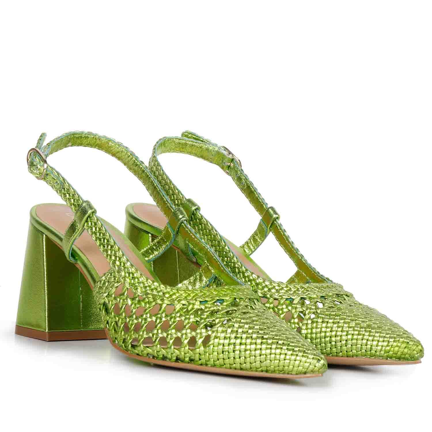 Saint Fabienne Green Metallic Hand Woven Leather Block Heels - Image 3