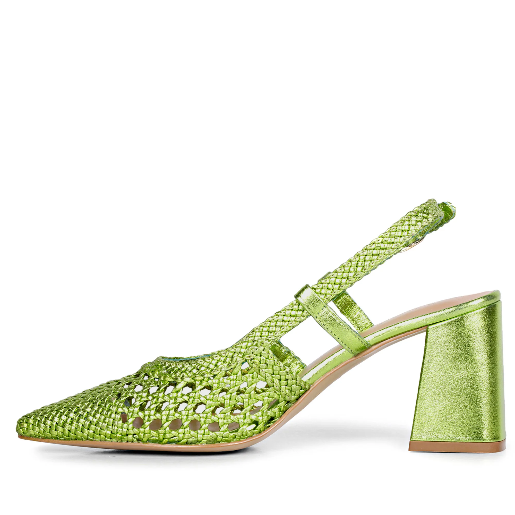 Saint Fabienne Green Metallic Hand Woven Leather Block Heels - Image 4