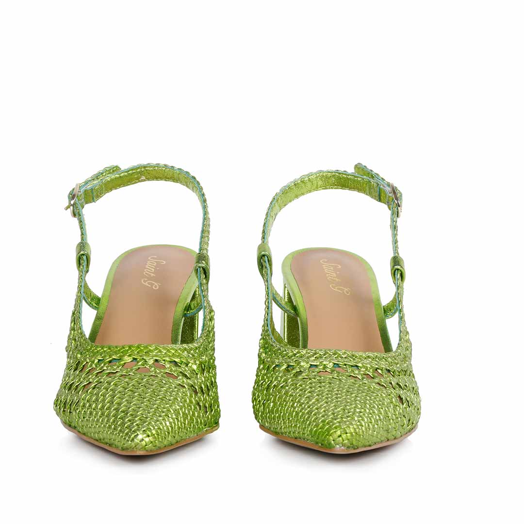 Saint Fabienne Green Metallic Hand Woven Leather Block Heels - Image 5