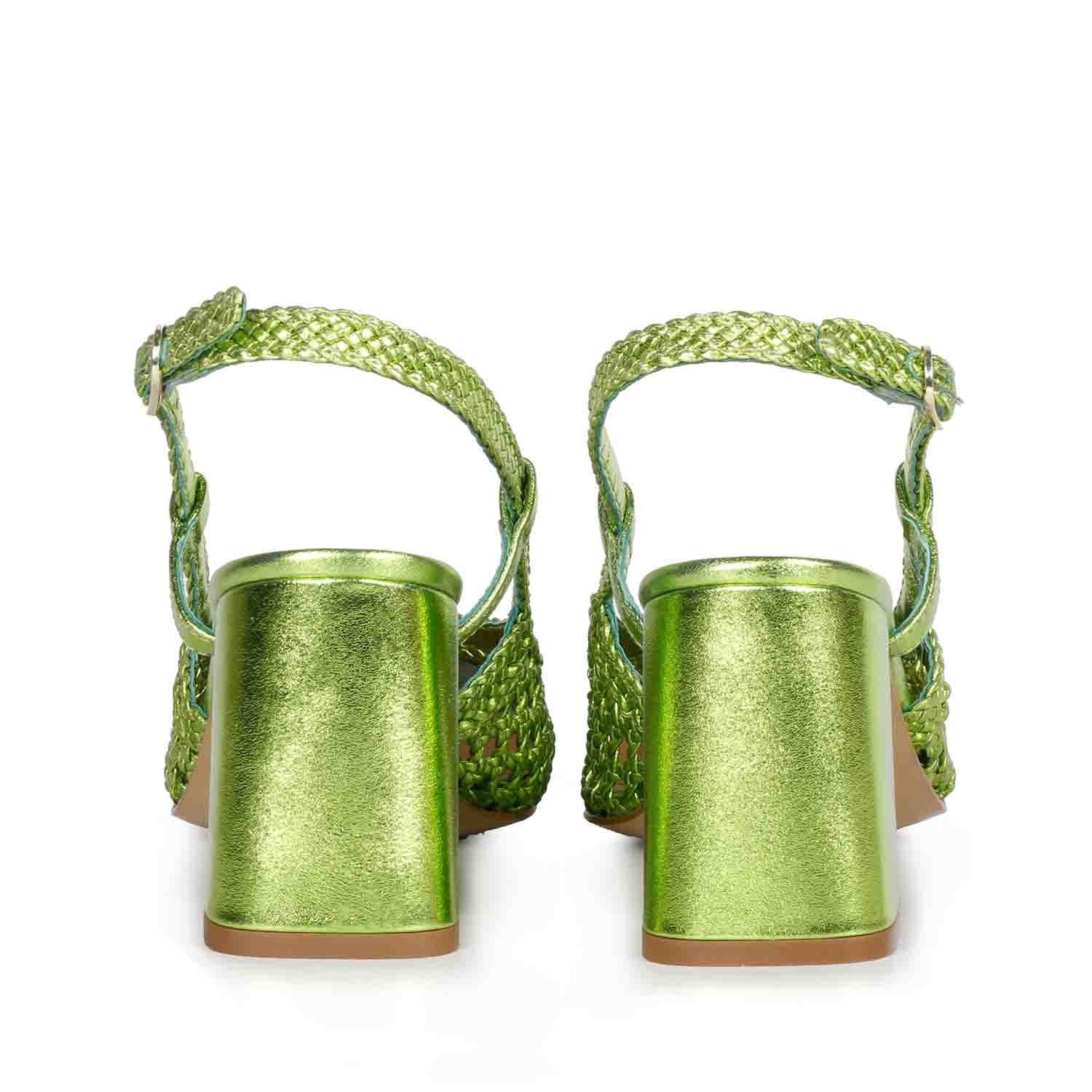 Saint Fabienne Green Metallic Hand Woven Leather Block Heels - Image 6
