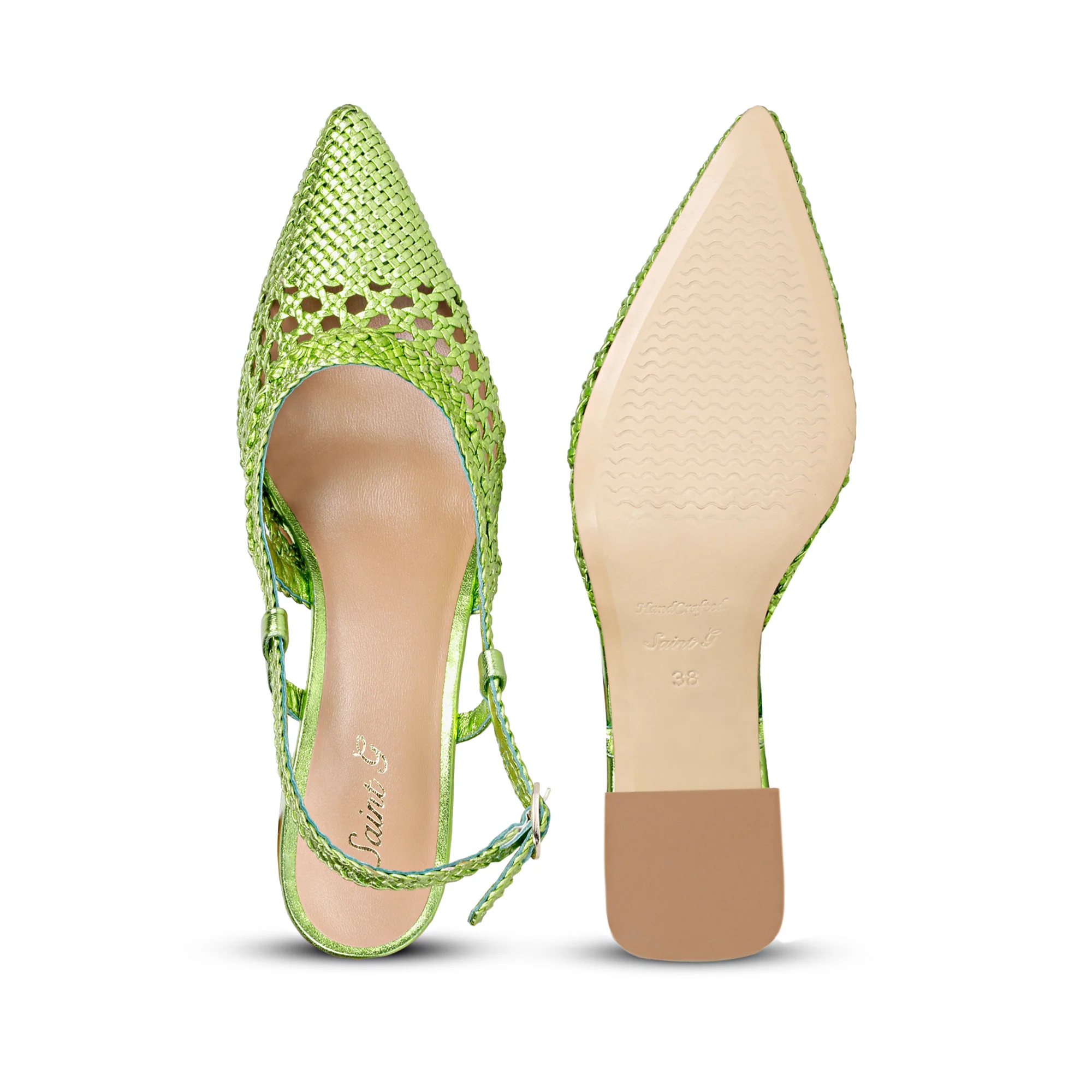 Saint Fabienne Green Metallic Hand Woven Leather Block Heels - Image 7