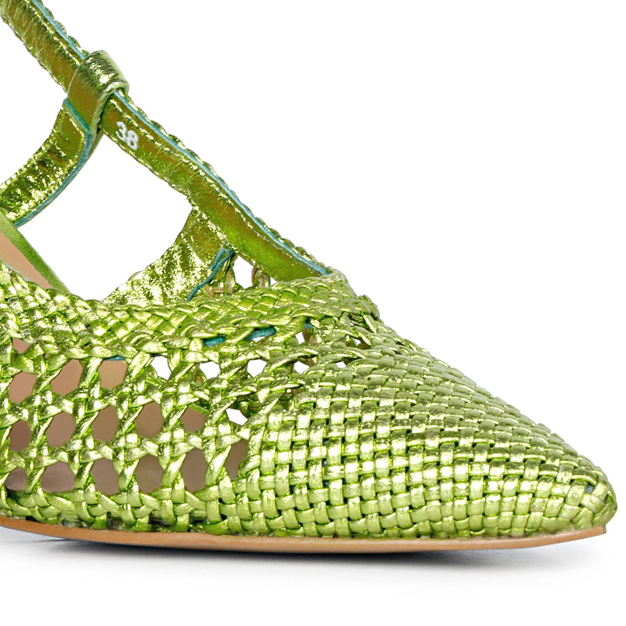Saint Fabienne Green Metallic Hand Woven Leather Block Heels - Image 8