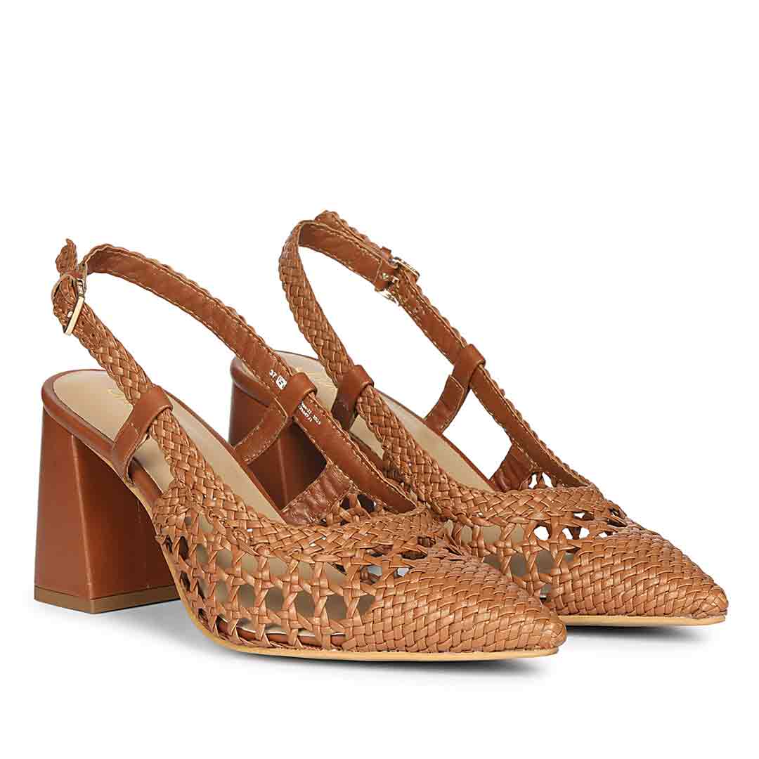 Saint Fabienne Hand Woven Tan Leather Block Heels - Image 2
