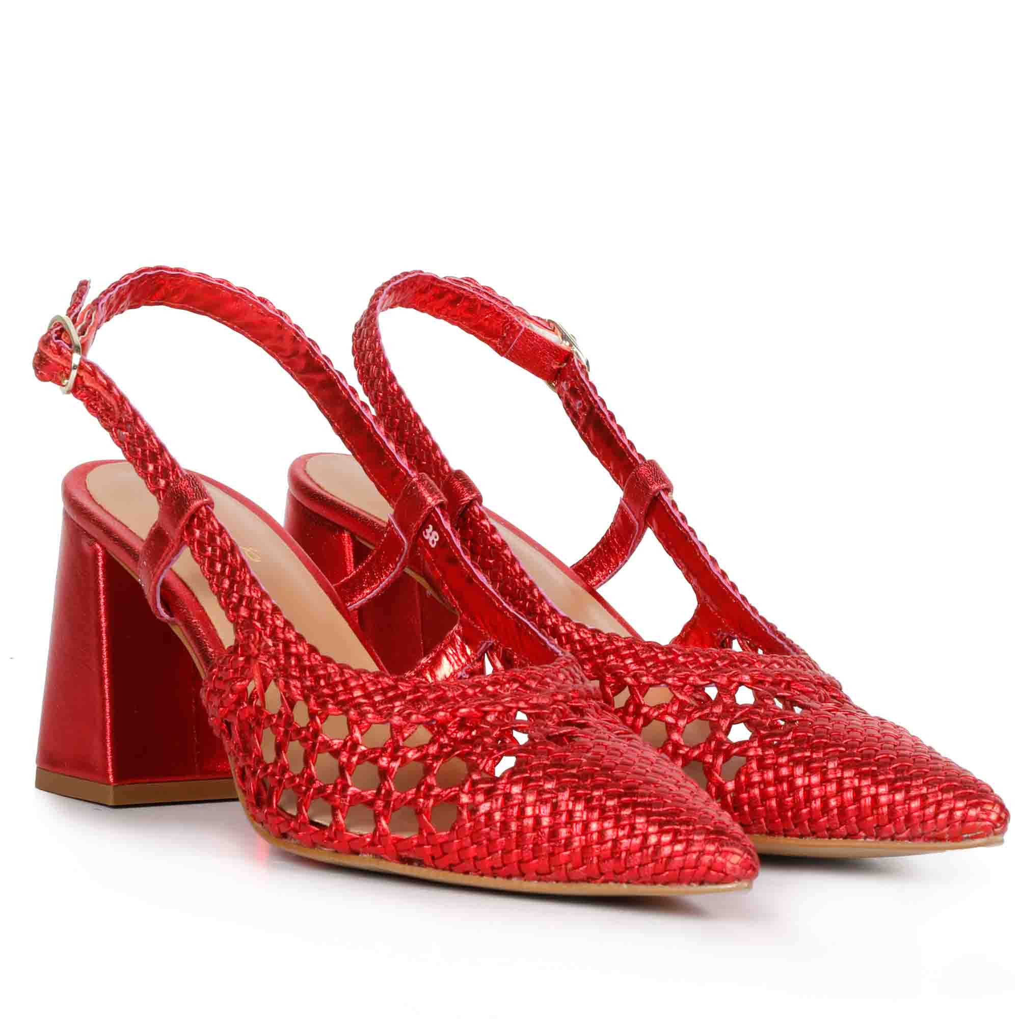 Saint Fabienne Red Metallic Hand Woven Leather Block Heels - Image 3