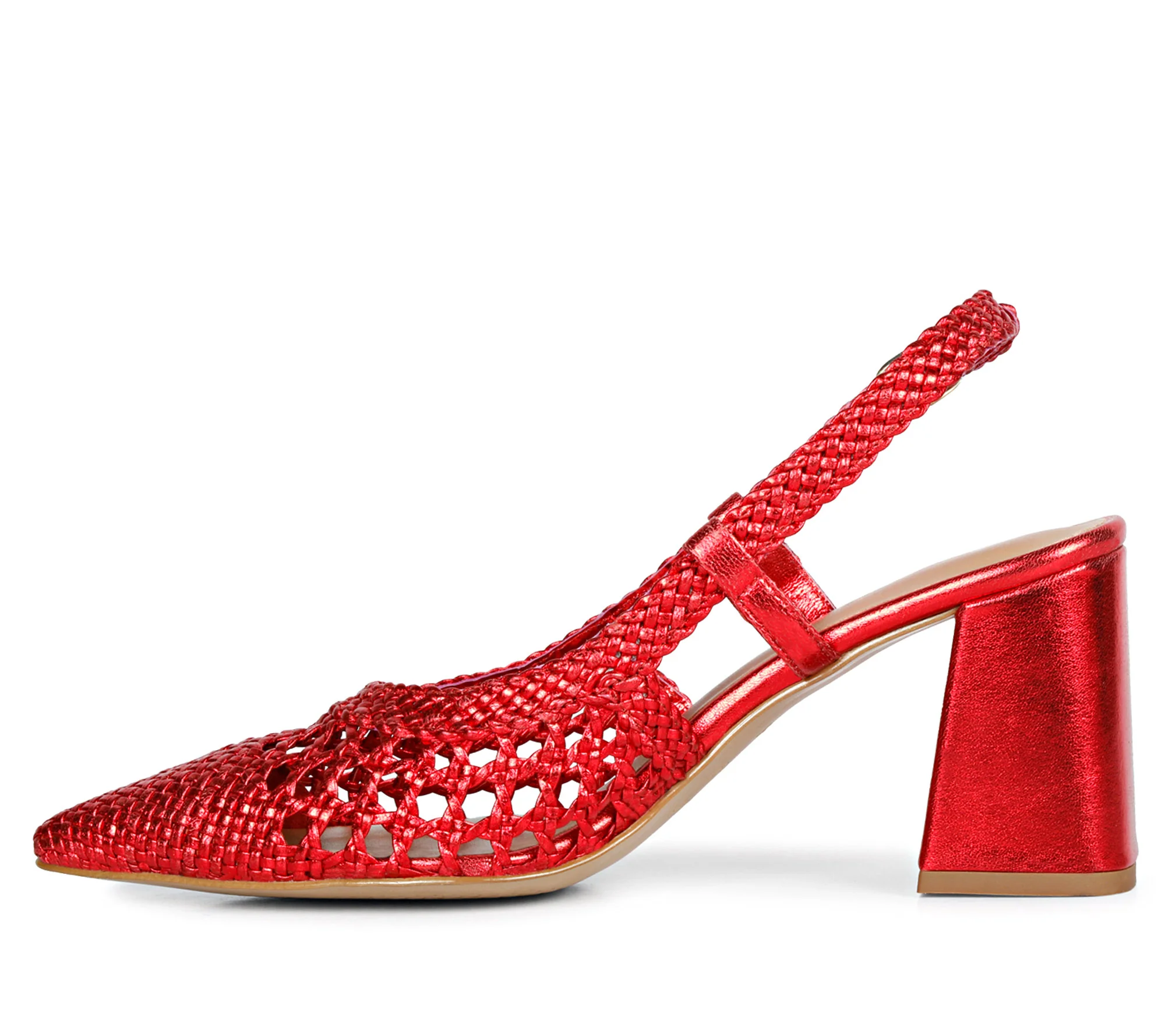 Saint Fabienne Red Metallic Hand Woven Leather Block Heels - Image 4