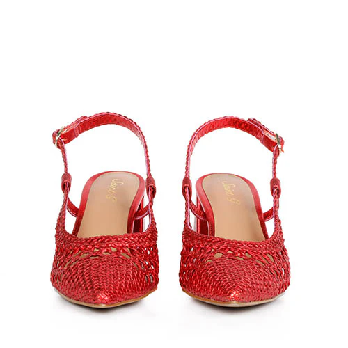 Saint Fabienne Red Metallic Hand Woven Leather Block Heels - Image 5