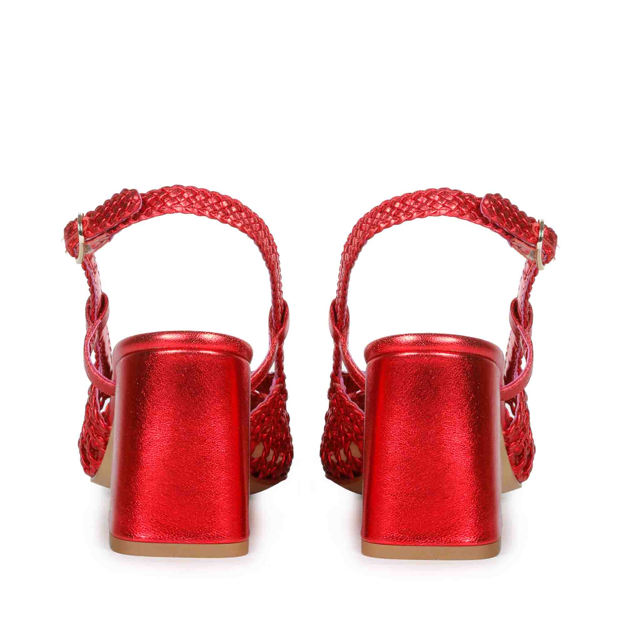 Saint Fabienne Red Metallic Hand Woven Leather Block Heels - Image 6