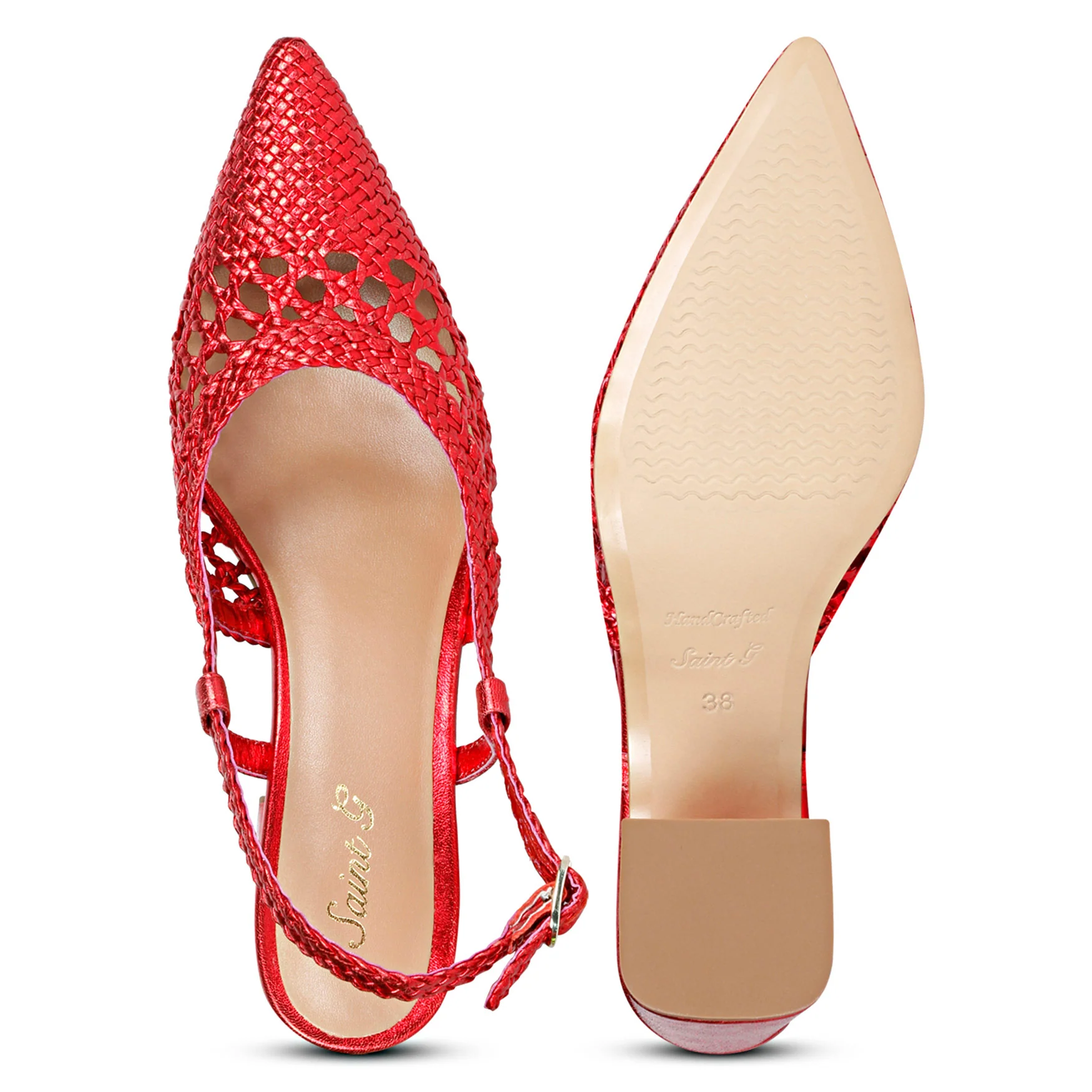 Saint Fabienne Red Metallic Hand Woven Leather Block Heels - Image 7