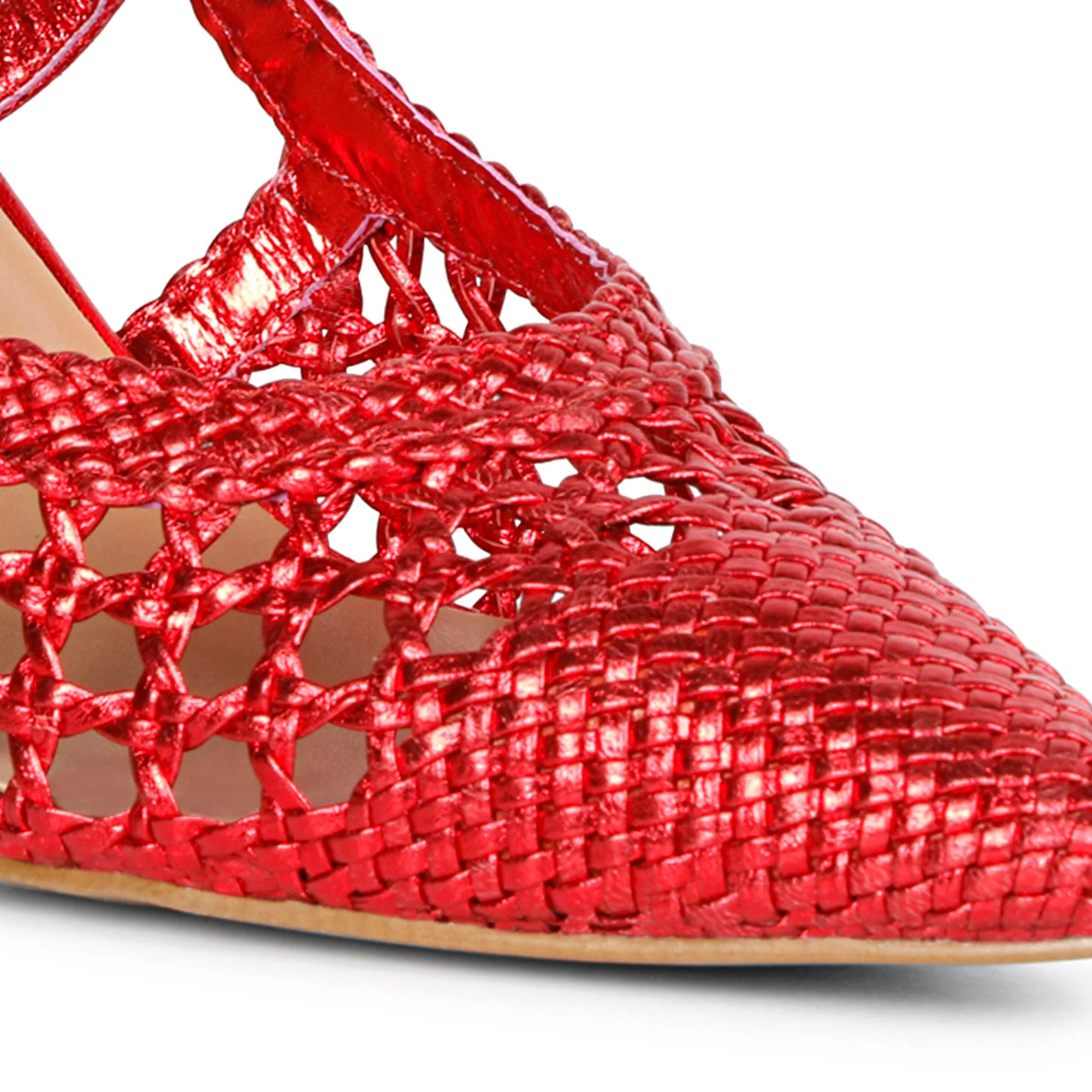 Saint Fabienne Red Metallic Hand Woven Leather Block Heels - Image 8