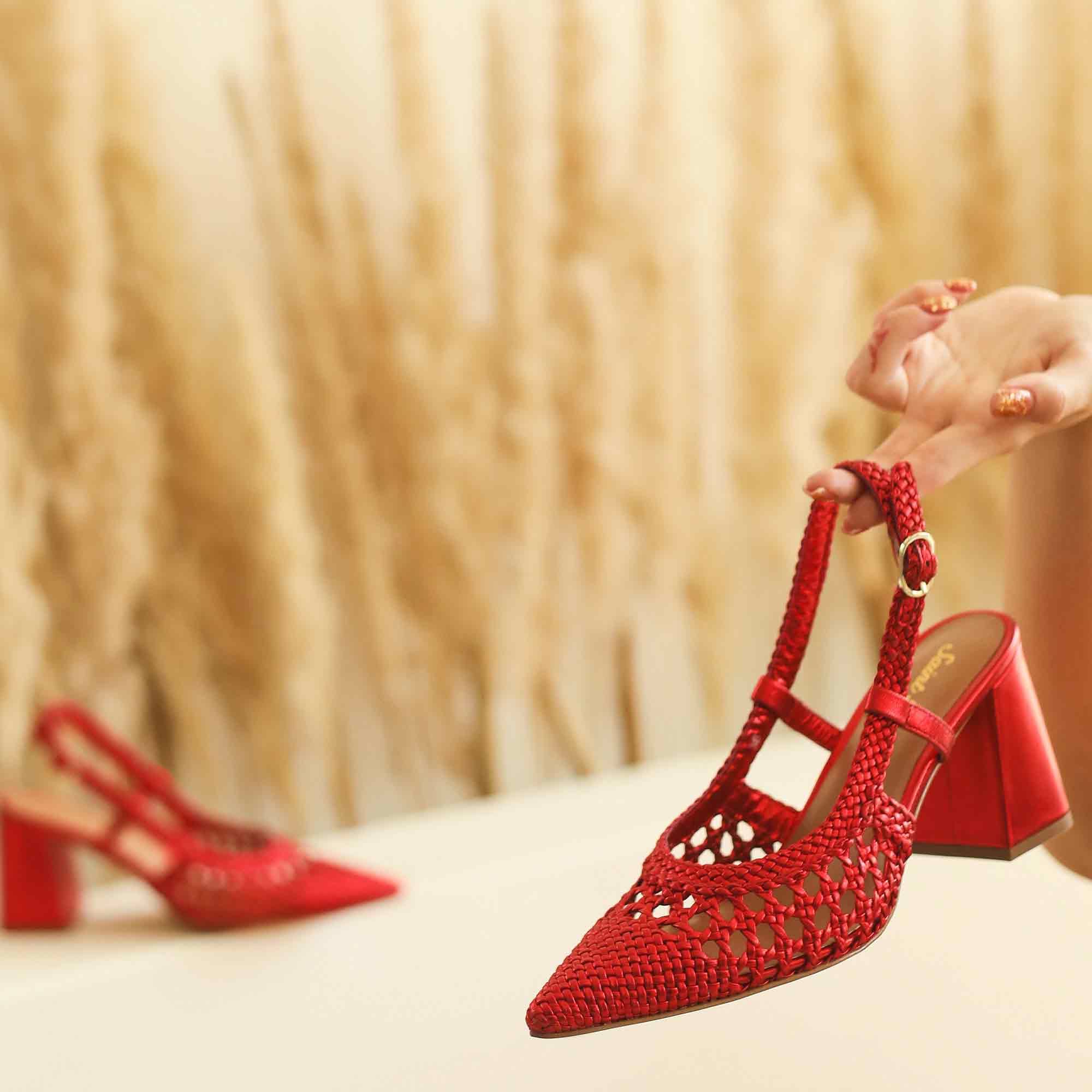 Saint Fabienne Red Metallic Hand Woven Leather Block Heels - Image 9