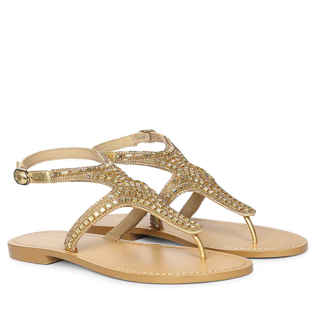 Saint Faith Embellished T-Strap Gold Leather Flats - Image 2