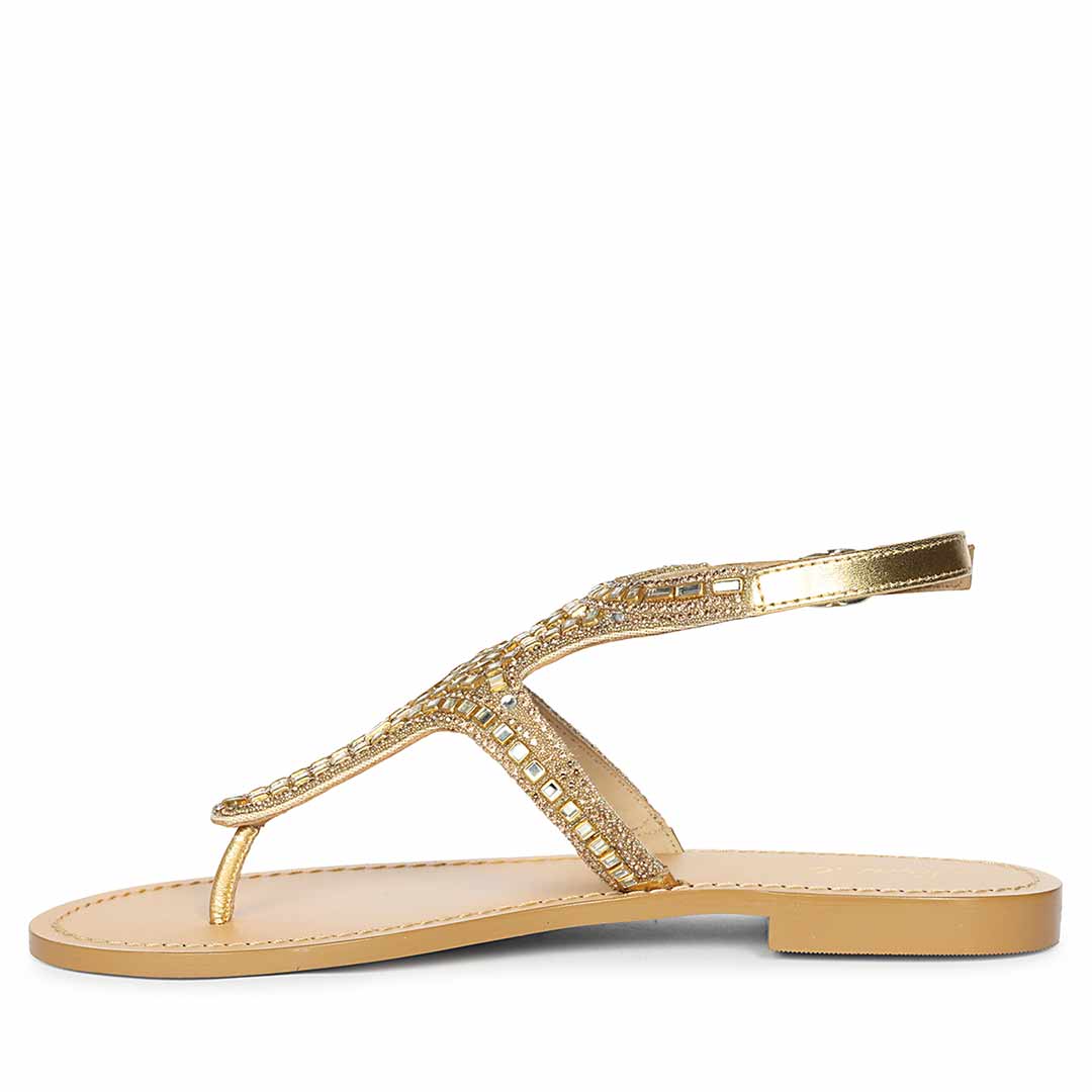 Saint Faith Embellished T-Strap Gold Leather Flats - Image 3