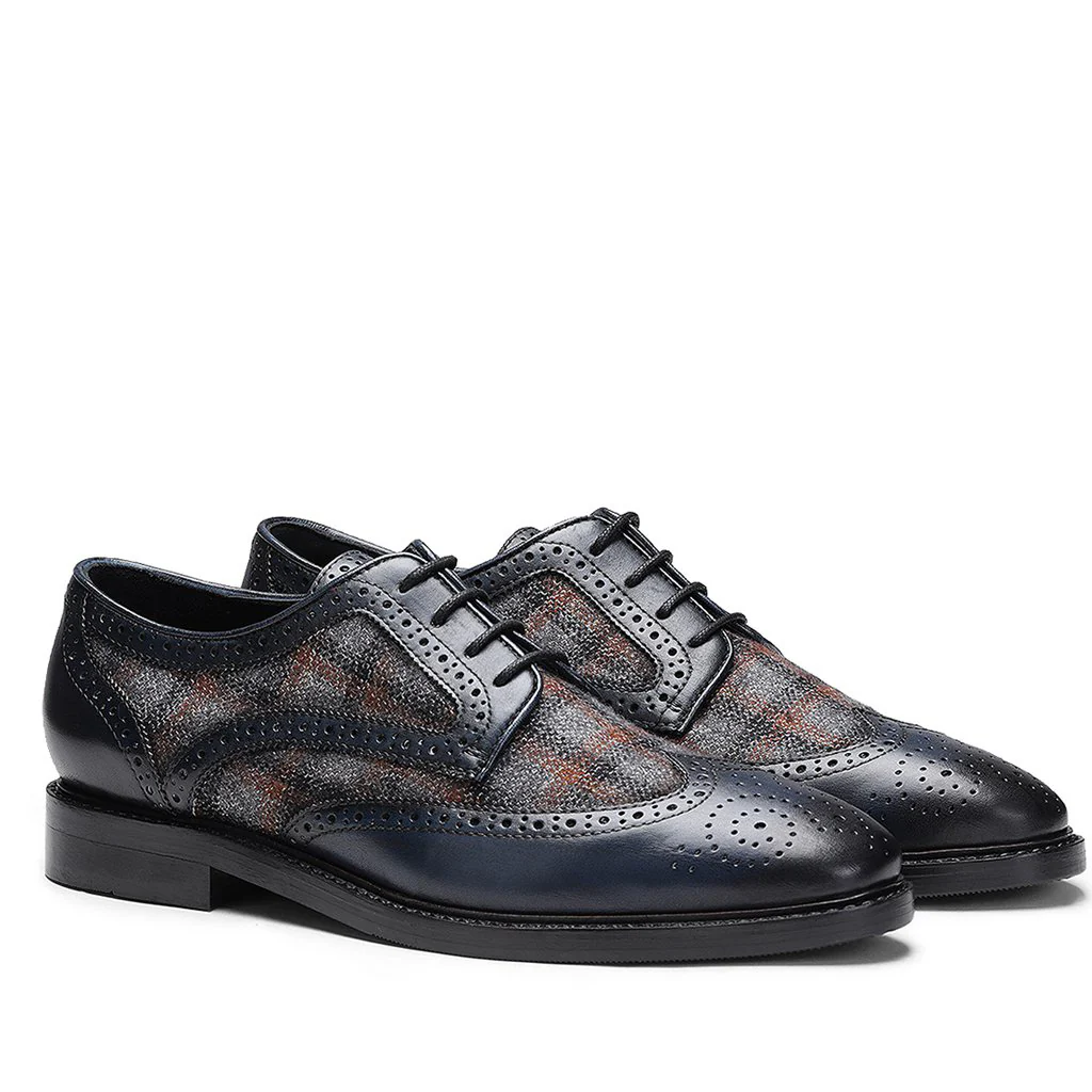 Saint Faustin Navy Leather Check Fabric Lace Up Brogue - Image 3