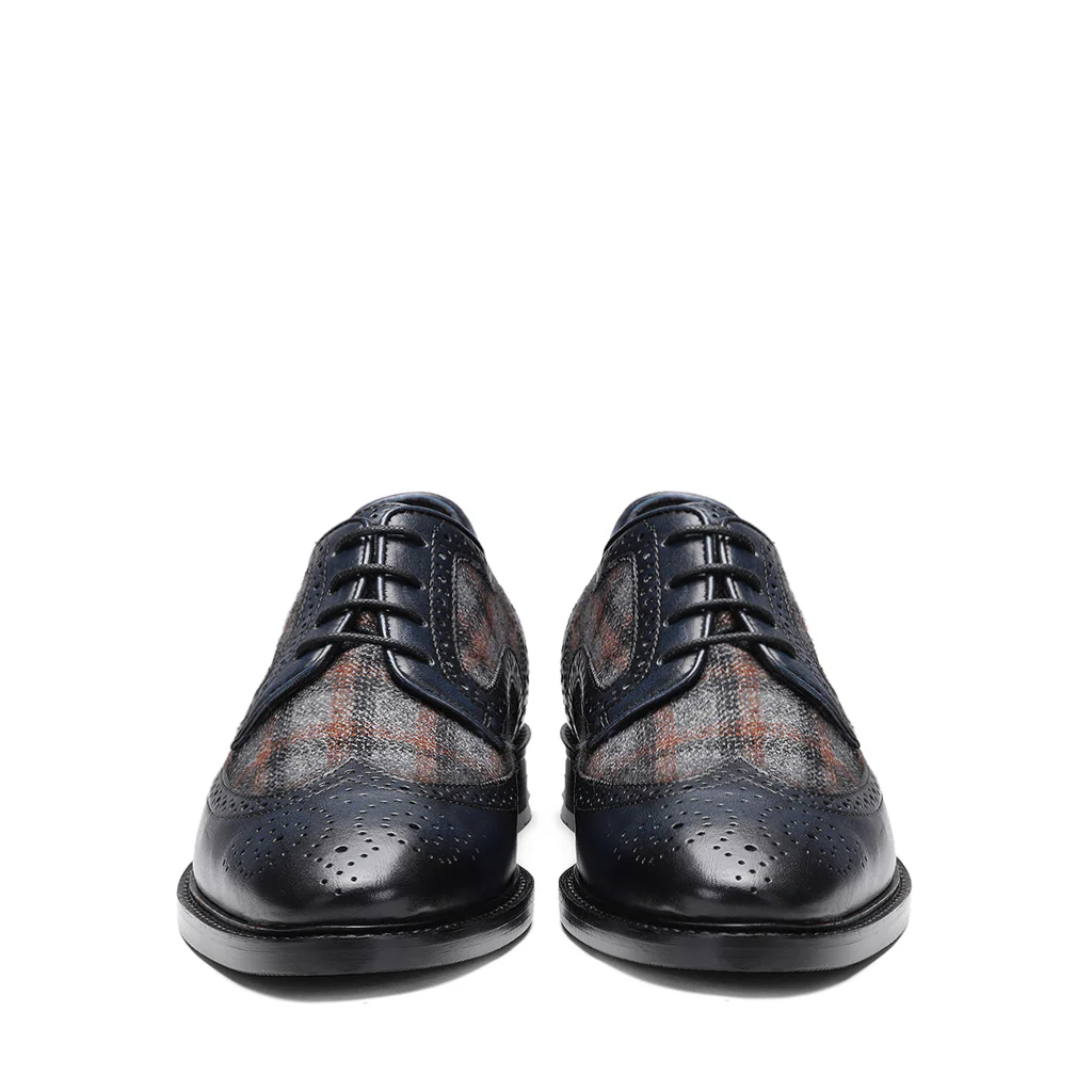 Saint Faustin Navy Leather Check Fabric Lace Up Brogue - Image 4