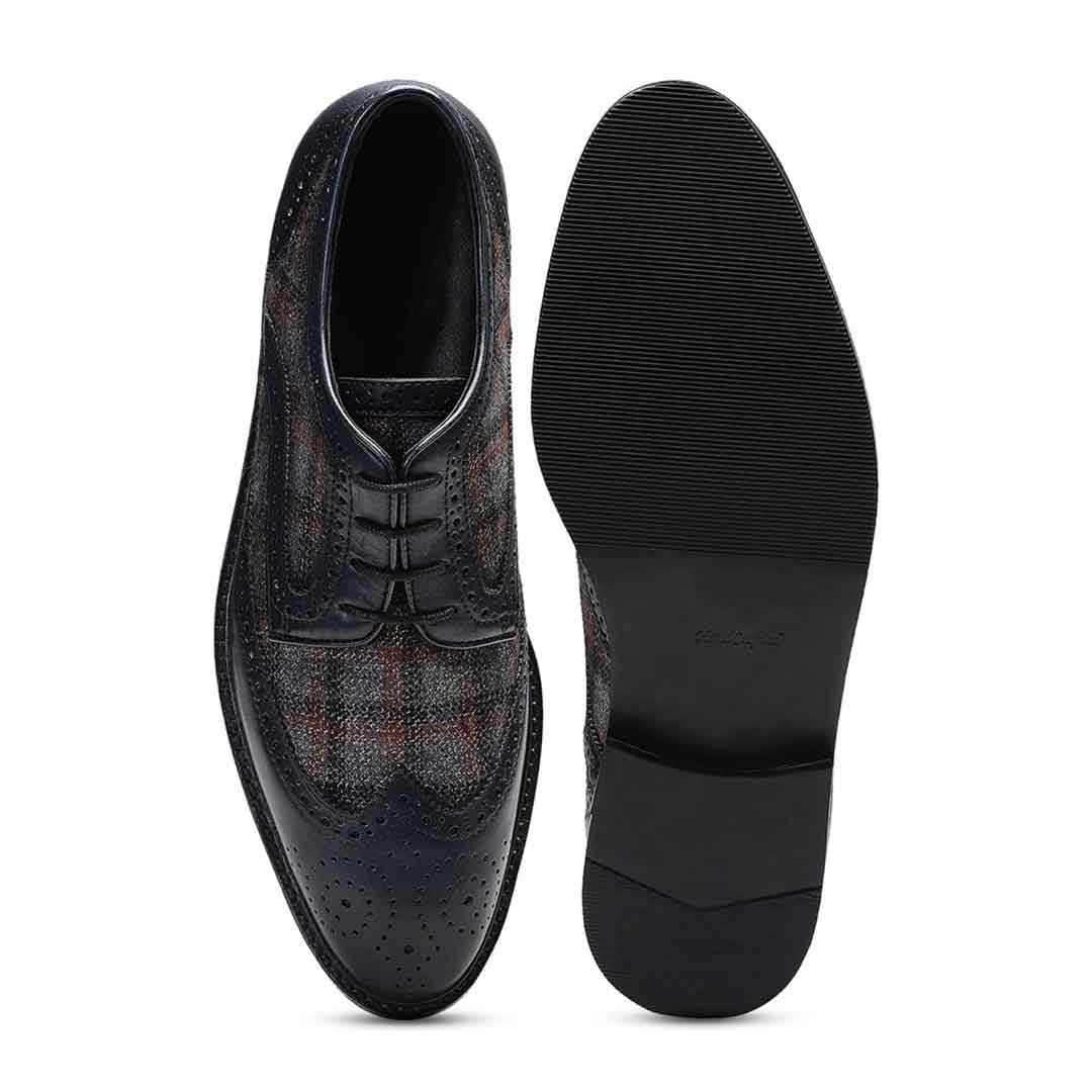 Saint Faustin Navy Leather Check Fabric Lace Up Brogue - Image 6