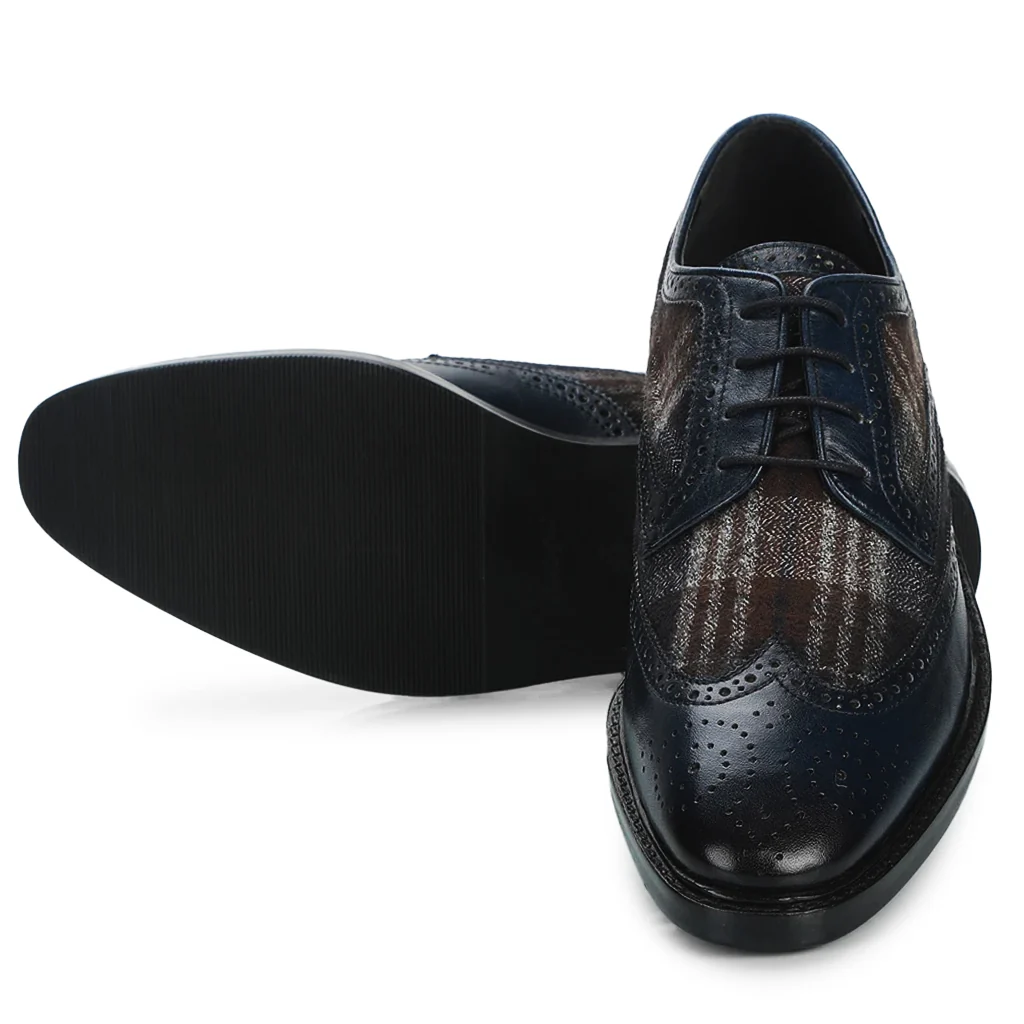 Saint Faustin Navy Leather Check Fabric Lace Up Brogue - Image 7
