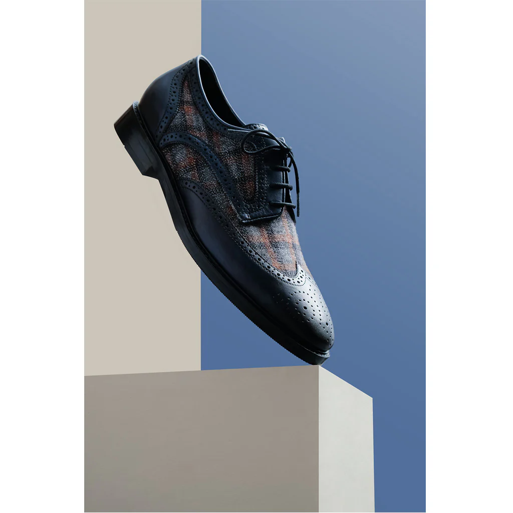 Saint Faustin Navy Leather Check Fabric Lace Up Brogue - Image 8
