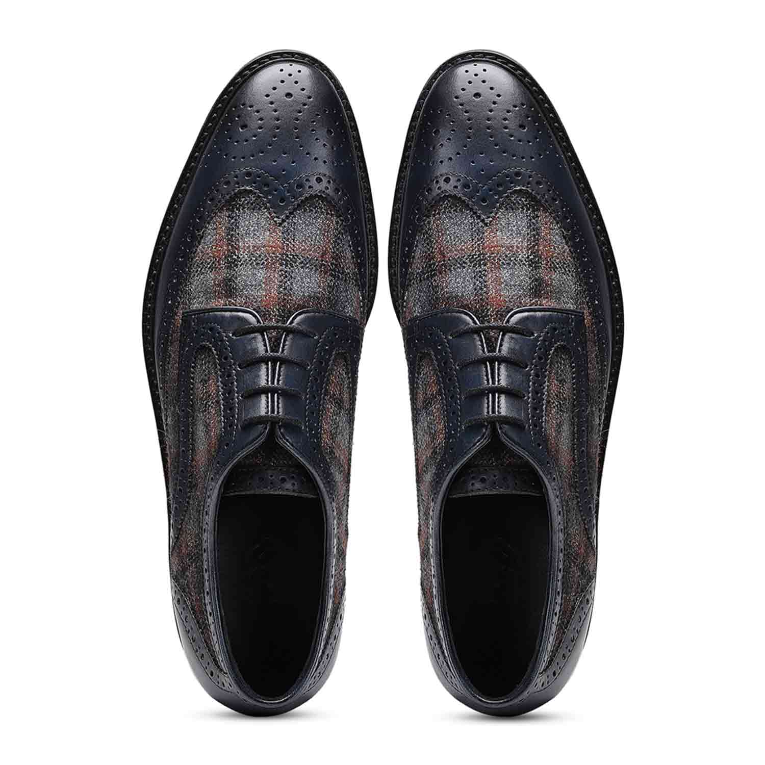 Saint Faustin Navy Leather Check Fabric Lace Up Brogue - Image 9
