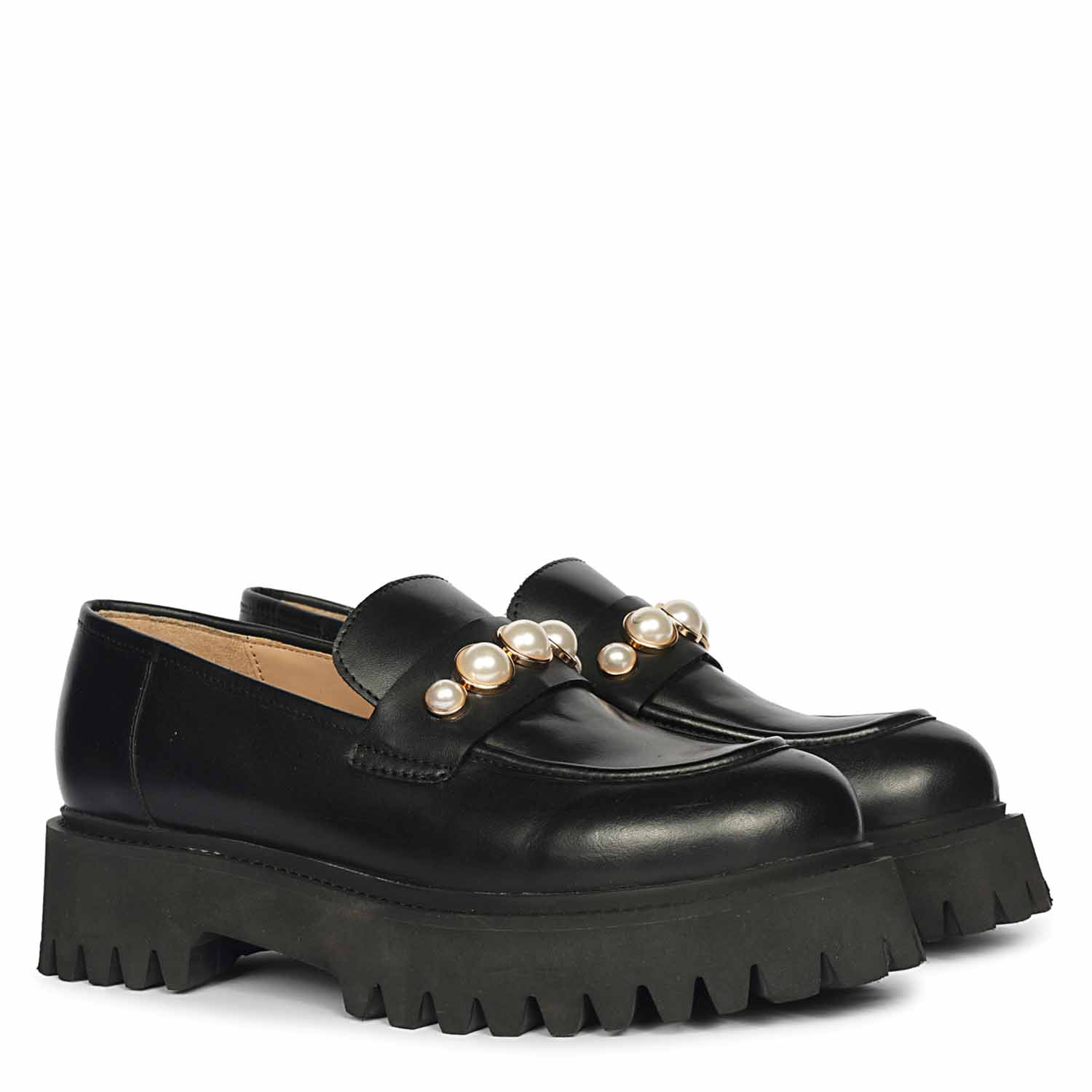 Saint Fearl Pearl Studs Black Leather Moccasins - Image 2
