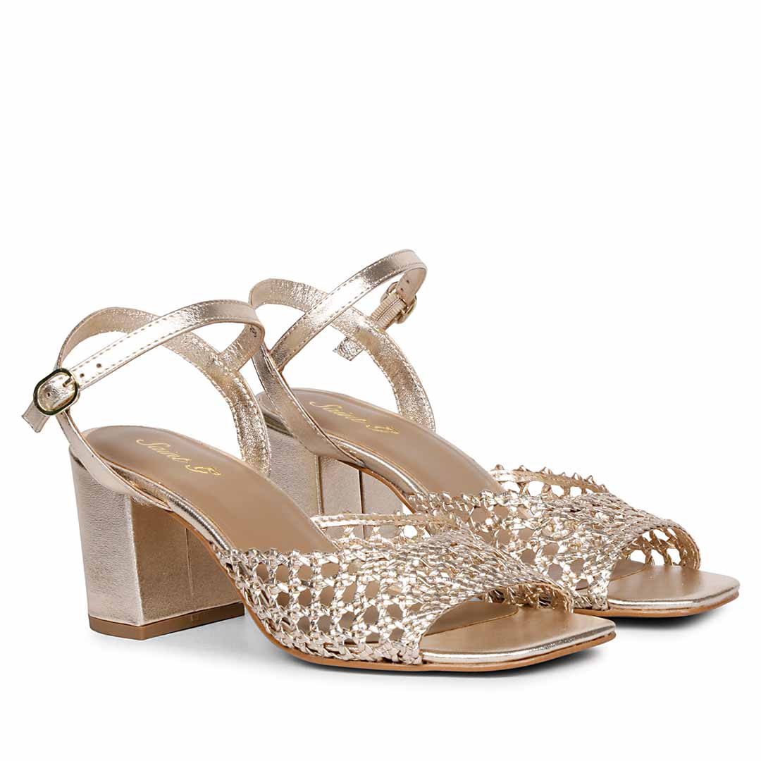 Saint Felicia Gold Woven Leather Block Heels - Image 3