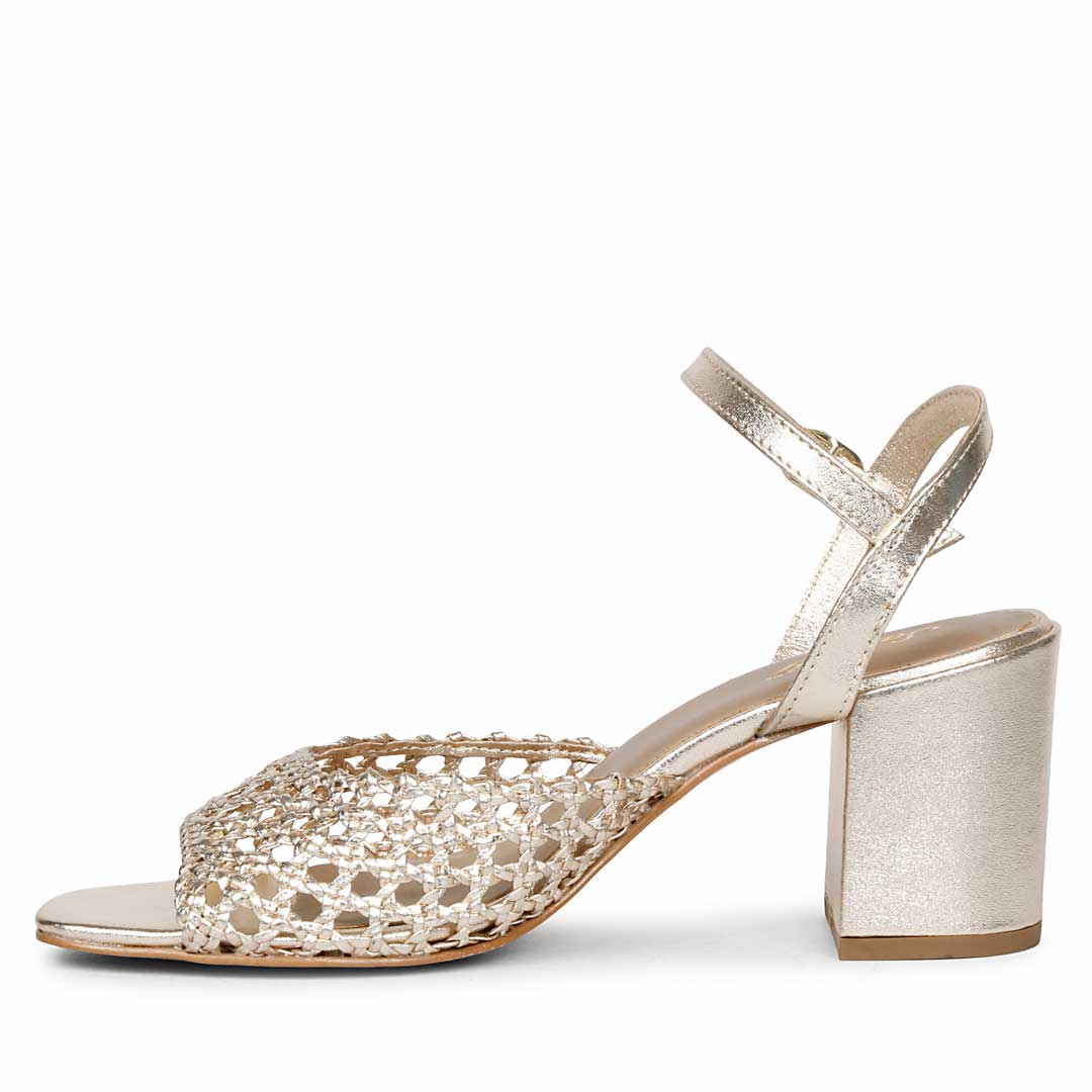 Saint Felicia Gold Woven Leather Block Heels - Image 4