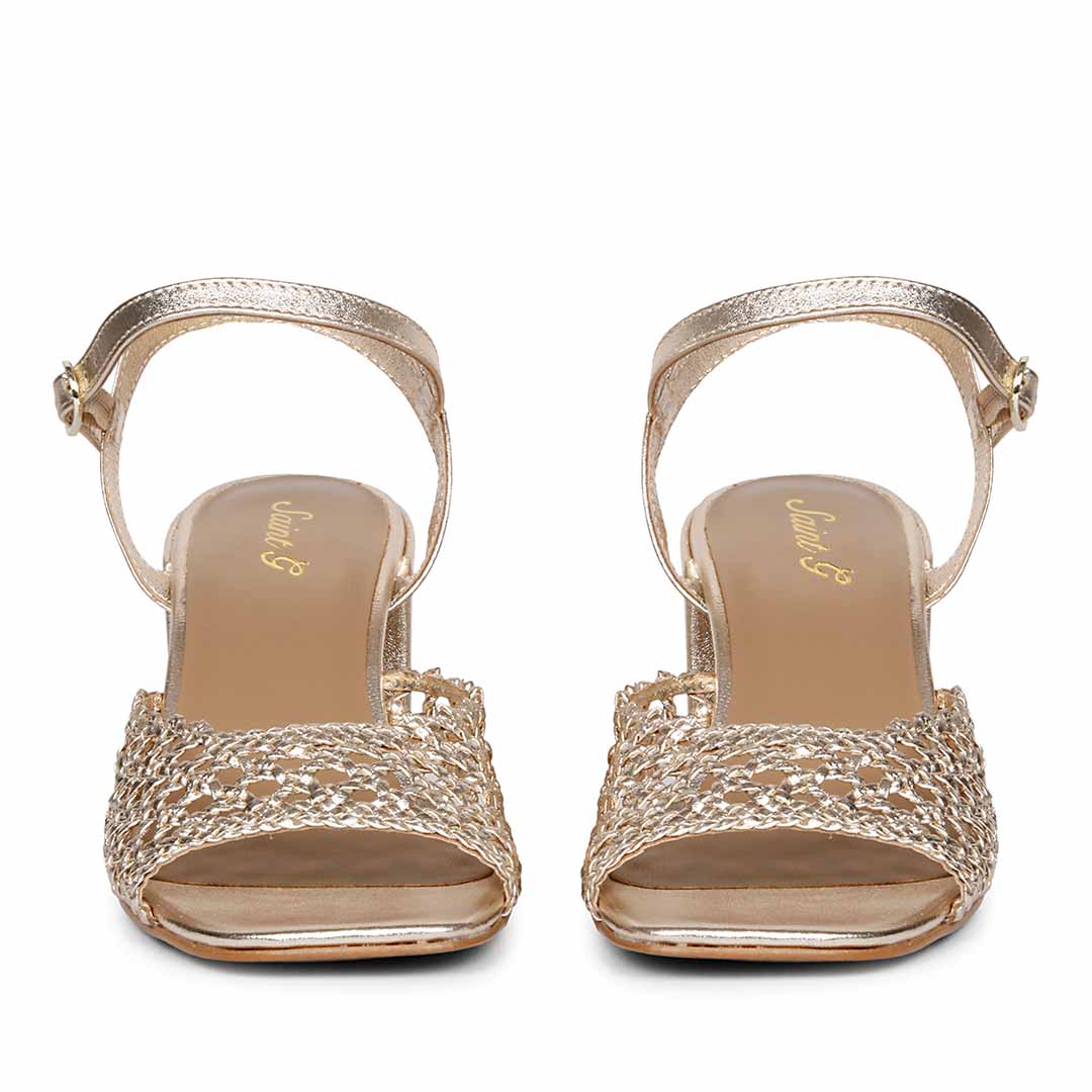Saint Felicia Gold Woven Leather Block Heels - Image 5