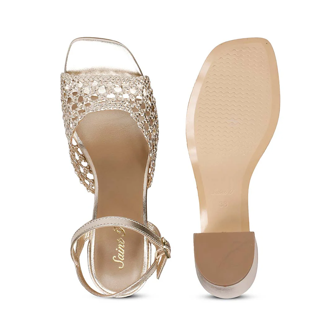 Saint Felicia Gold Woven Leather Block Heels - Image 7