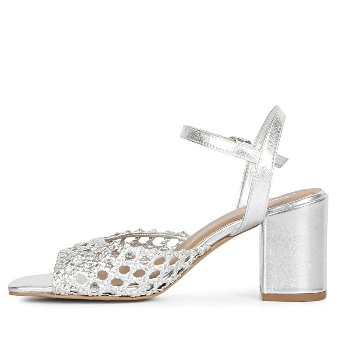 Saint Felicia Silver Hand Woven Leather Block Heels - Image 4
