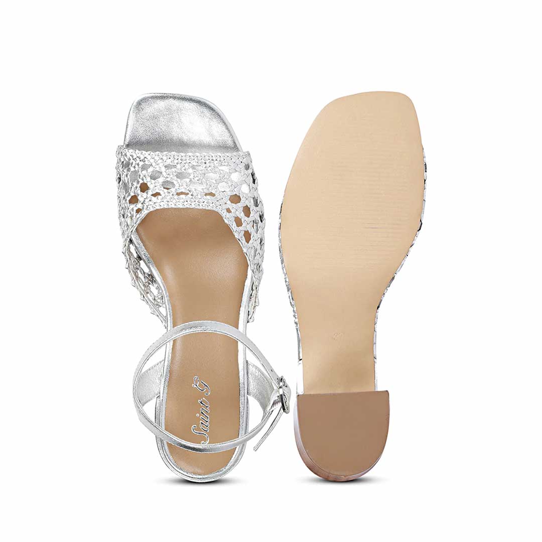 Saint Felicia Silver Hand Woven Leather Block Heels - Image 7