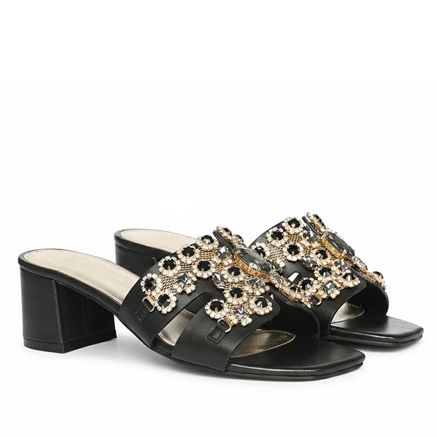 Saint Fiorenza Stone Embroidered Black Leather Block Heels - Image 3
