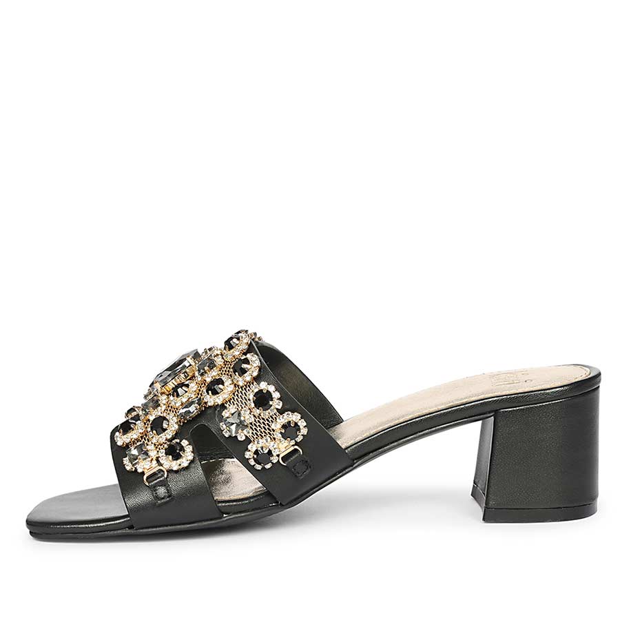 Saint Fiorenza Stone Embroidered Black Leather Block Heels - Image 4