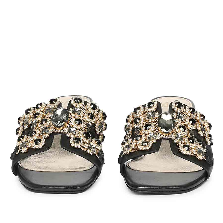 Saint Fiorenza Stone Embroidered Black Leather Block Heels - Image 5